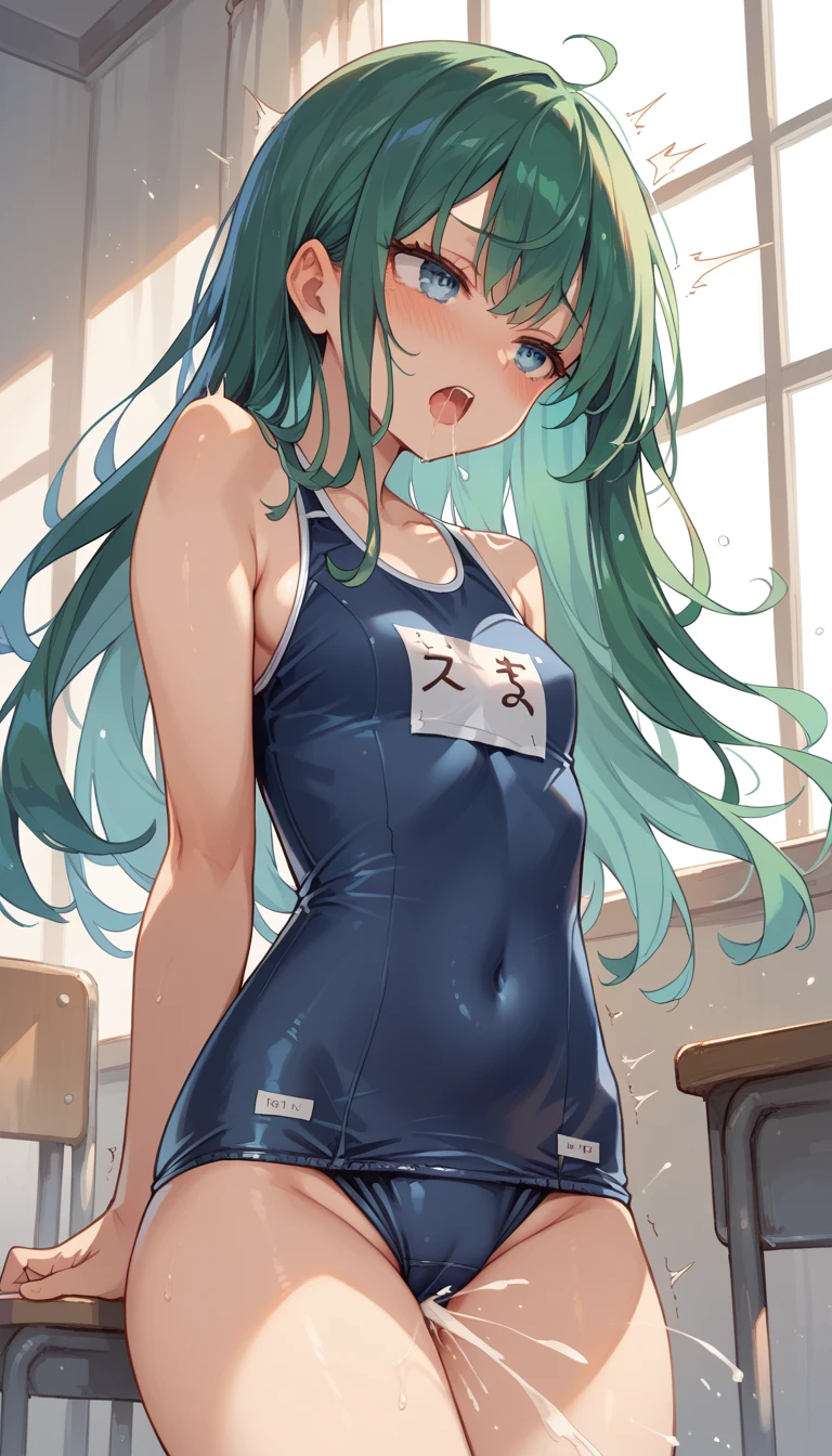 masterpiece, best quality, ultra detailed,1 girl, long green hair, blue eyes, school swimsuit, nsfw, orgasm,