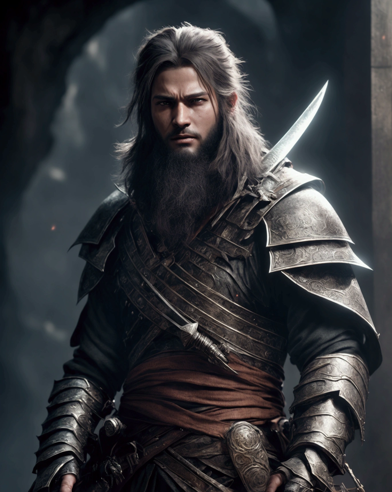 captured in an ultra-realistic full HD 4K portrait, detailed texture showing its menacing shape, Immersive atmosphere, high definition shadow play, digitalpainting, nevoa no environment. he is a swordsman. Add big bangs that cover your left eye completely.