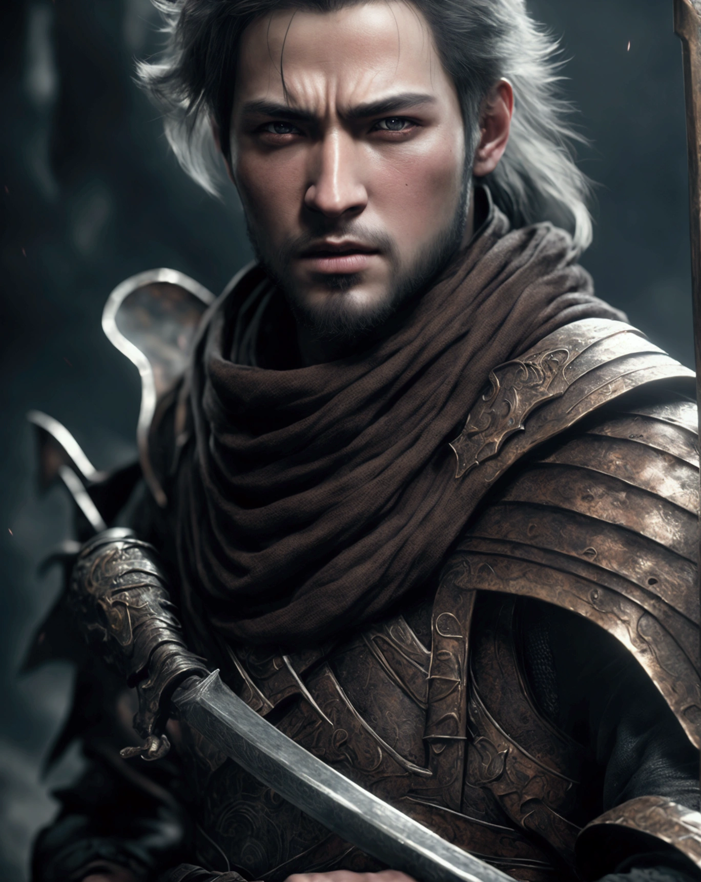 captured in an ultra-realistic full HD 4K portrait, detailed texture showing its menacing shape, Immersive atmosphere, high definition shadow play, digitalpainting, nevoa no environment. he is a swordsman. Add big bangs that cover your left eye completely.