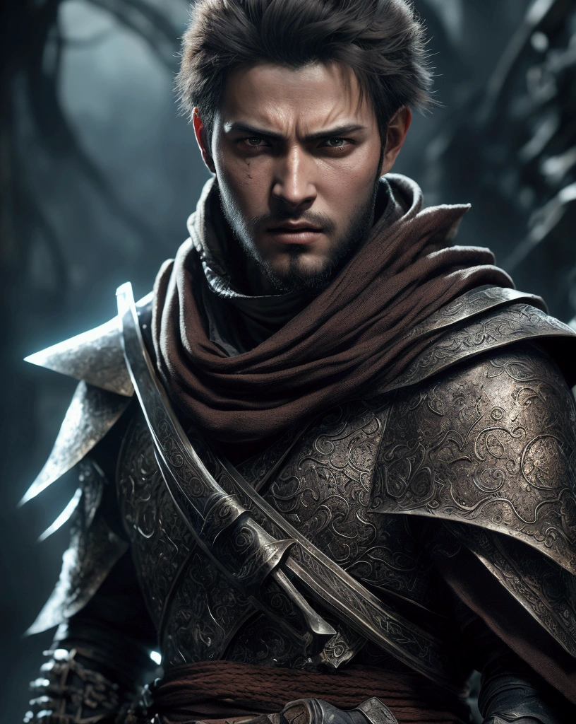 captured in an ultra-realistic full HD 4K portrait, detailed texture showing its menacing shape, Immersive atmosphere, high definition shadow play, digitalpainting, nevoa no environment. he is a swordsman. Add big bangs that cover your left eye completely.