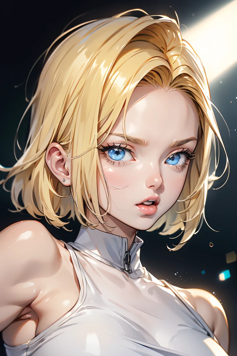 android 18 ,blonde short hair,  solo , full body , Keep your eyes focused, Nose and mouth,Face Focus, Woman with open mouth and closed eyes, Age 20 、Symmetrical face,Realistic nostrils、Angle from below、Elongated C-shaped nostrils,,,White Background、((Sweaty skin))、Lighting that accentuates skin that shines with sweat、((Nose hook))Skin shiny with sweat、((Shiny skin))、((Wet and shiny tongue))、