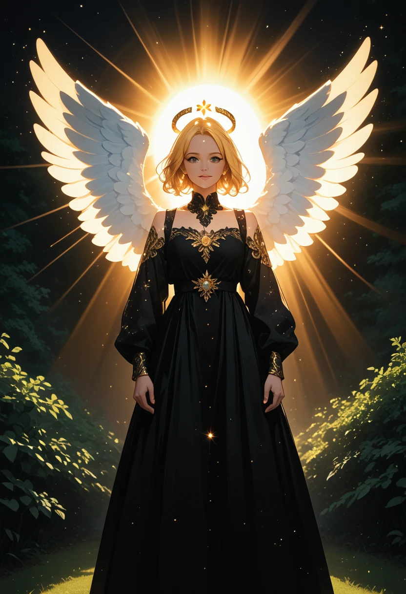 Girl 1,an angel,Two wings(Black and white) bright colors,Warm rays of the sun,Warms the soul,Bright,Clear drawing of details,heavens,full height,Looks intently,hair sparkles with golden colors,emotions of happiness,goodness,Dressed in fine clothes,Nice colors,cinematic film still,score_9,score_8_up,score_7_up,The shine of the image