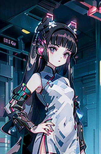 An adult 18-year old Tomoyo Daidouji with (midnight black hair) and (pale violet eyes), wearing a (dark green sleeveless cyberhanfu), (bare shoulders), technogear, glittering neon on a Chinese dress, glittering neon blue and red hairpins, a cowboy shot, exposed midriff, (bare legs), high slit cheongsam