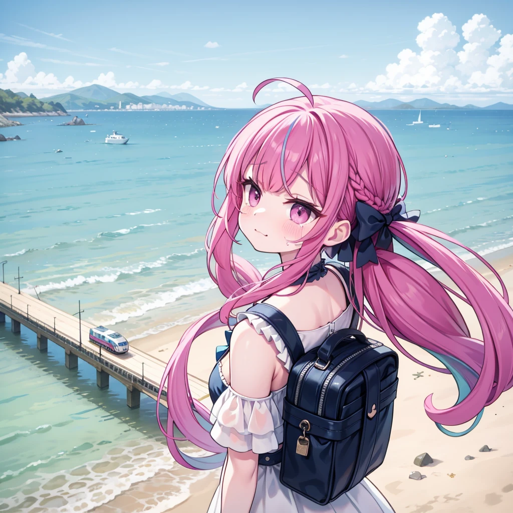 at the seaside,There is a train behind,Leave with your back to the camera,with tears,with tearsSmile,cry
