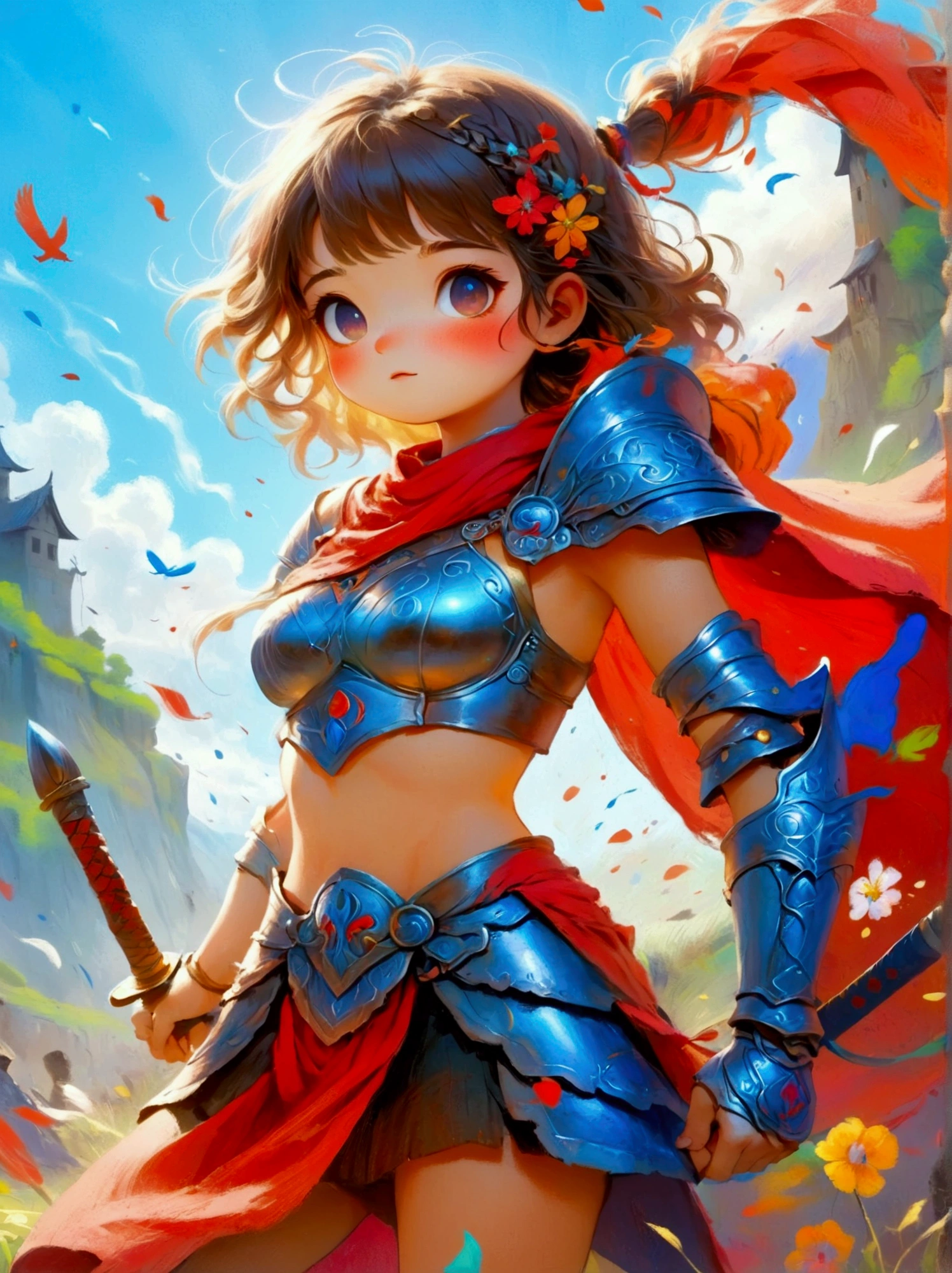 Create a digital painting that portrays a brave warrior, symbolizing the battle of health. Use bold and vibrant colors to enhance the whimsical and vivacious feel, typical of children's design. The warrior should be seen in dynamic poses, drawing inspiration from comic books. The painting should embody the essence of perseverance and strength with energetic brushstrokes. Remember to capture the child-friendly design and translate it into the language of a brave warrior fighting their battle, thus making health an accessible concept to the young.