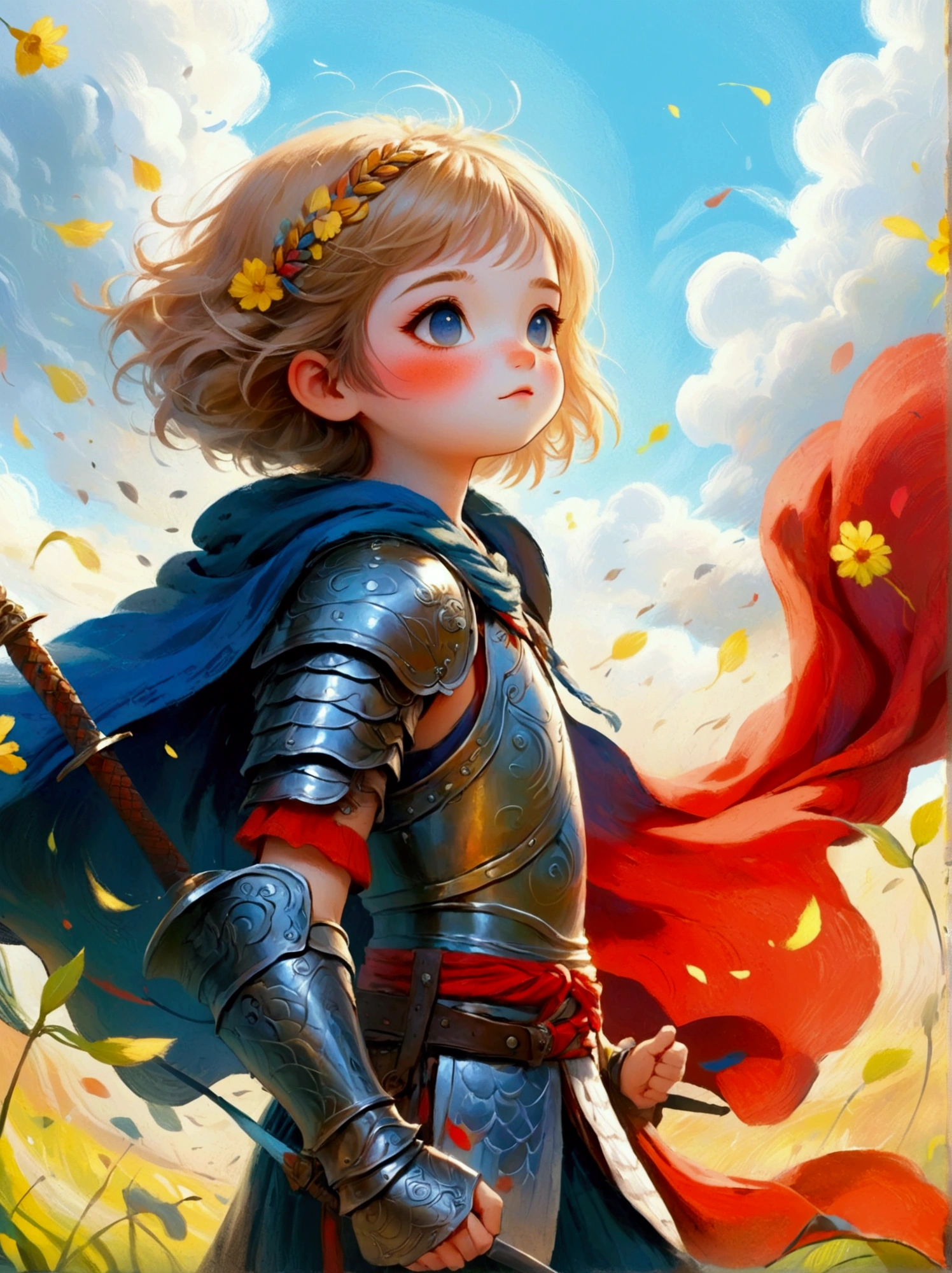 Create a digital painting that portrays a brave warrior, symbolizing the battle of health. Use bold and vibrant colors to enhance the whimsical and vivacious feel, typical of children's design. The warrior should be seen in dynamic poses, drawing inspiration from comic books. The painting should embody the essence of perseverance and strength with energetic brushstrokes. Remember to capture the child-friendly design and translate it into the language of a brave warrior fighting their battle, thus making health an accessible concept to the young.