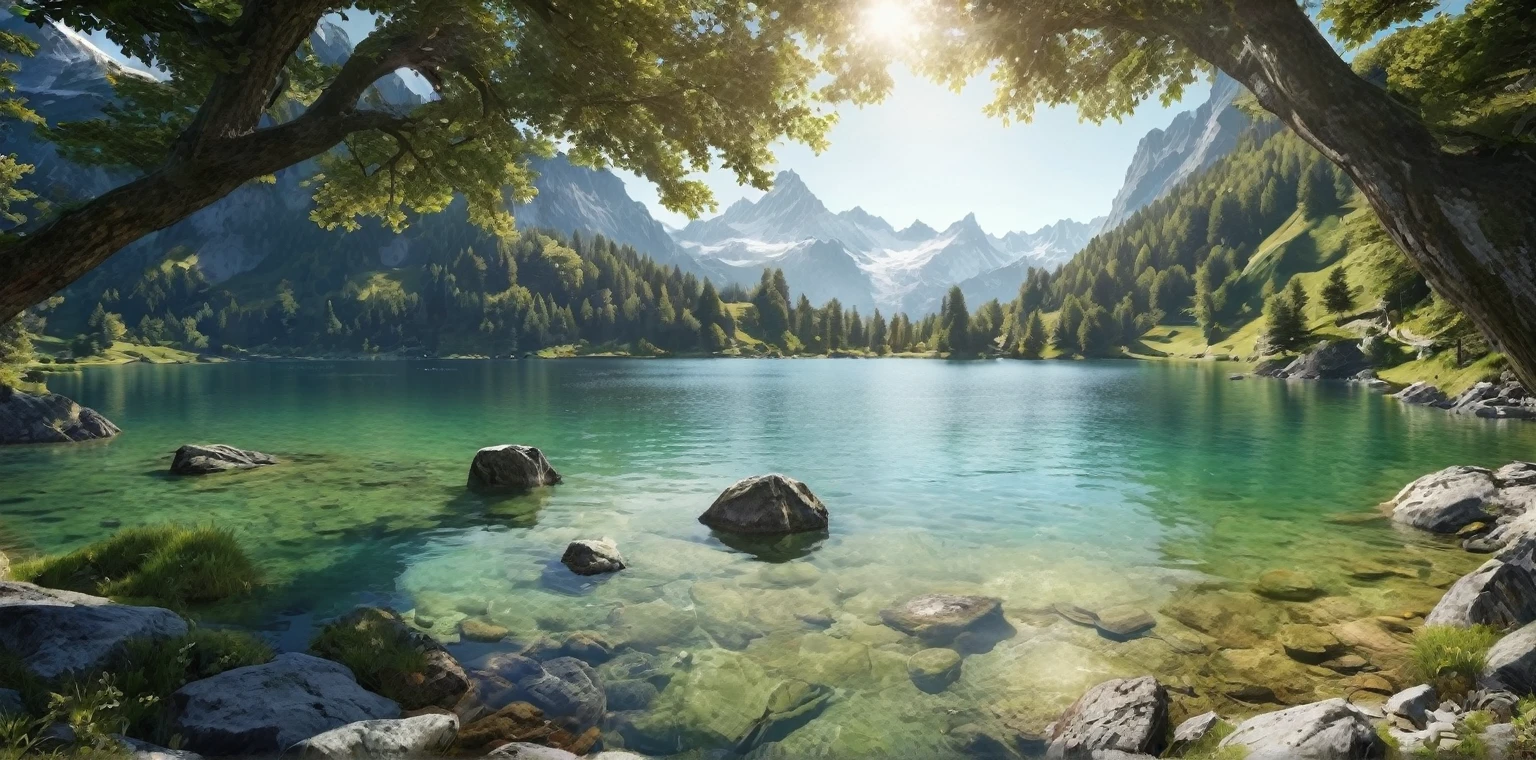 a scenic lake surrounded by mountains and forests, beautiful mountains and lake in the swiss alps, majestic mountain range, breathtaking natural landscape, serene alpine lake, idyllic mountain scenery, dramatic rocky peaks, crystal clear waters, lush green forests, fluffy clouds in the sky, warm sunlight, atmospheric lighting, (best quality,4k,8k,highres,masterpiece:1.2),ultra-detailed,(realistic,photorealistic,photo-realistic:1.37),landscape,scenic,nature