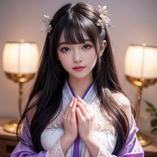 best quality, Delicate face，beautiful visual work, lifelike, eternity, black hair, Long curly hair, blunt bangs, Smile, Detailed Background, Delicate face，pink blush，cold，((masterpiece))、(top quality)、8k、high detail、Super detailed，21 years old female，Wearing wide-sleeved Tang Dynasty Hanfu、Clothes made of chiffon, gauze clothes, Clothes feel soft, Transparent sleeves， Seductive and whimsical style、masterpiece、born、Scenes resembling fairy tale illustrations、intricate details和複雜的設計、Beautifully、magic、capricious、 Beautifully、Dream aesthetics、「𝓡𝓸𝓶𝓪𝓷𝓽𝓲𝓬、ethereal、charming、fickle、magic」、realism、Visual effects、FXAA、SSAO、Shader、voiceless、ambient lighting、Tone mapping、High resolution、Ultra high quality、Million pixels、(8K resolution:1.10)、8k、8k以下、8K resolution、high detail、intricate details， (high quality:1.2、masterpiece:1.2、:1.21)、(21 years old female:1.21)、(興奮地Smile)、(Surrounded by a dreamy atmosphere、Model diagram，full-body shot，Normal 2 feet，Don't show your fingers，Behind the Letting Go, The protrusion of the breast is visible when wearing clothes, Large Breasts, H cup chest, Landscape photos，Purple clothes