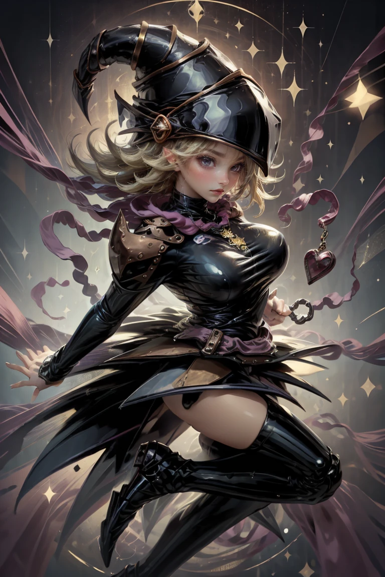(Masterpiece artwork:1.2), (the best quality:1.2), perfect lighting, Dark Magician Girl casting a spell, floating in mid - air, big  boobs, decolletage, magic background. Transparent hearts in the air, blue robe, Big hat, from above, SPARKLES, Yugioh card in the background