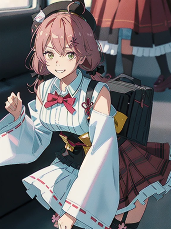 (best quality:1.3), (handled hair), (sharp eyeliner, eyeshadow, detailed eyes:1.1), high resolution, perfect anatomy, BREAK 1girl, solo,  miko2, sakura miko, large breasts, grin, green eyes, long hair, ahoge, black headwear, hair ornament, white shirt, black thighhighs, pink hair, red skirt, plaid skirt, garter straps, collared shirt, hairclip, frills, bangs, hair between eyes, animal hat, frilled skirt, beret, pleated skirt, hair flower, low twintails, neck bell, cat hat, medium breasts, puffy long sleeves, black bow, underbust, japanese school bag, leaning forward, upper body, close up to the viewer, anime style color