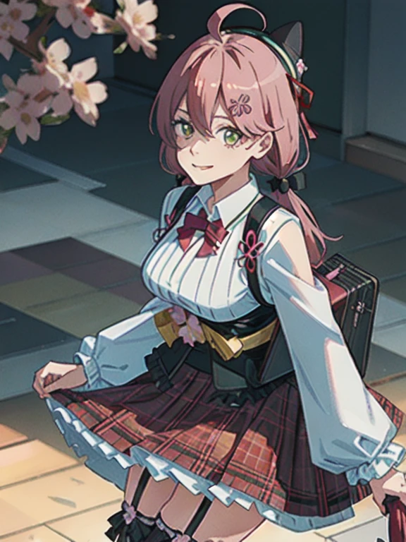 (best quality:1.3), (handled hair), (sharp eyeliner, eyeshadow, detailed eyes:1.1), high resolution, perfect anatomy, BREAK 1girl, solo, miko2, sakura miko, large breasts, grin, green eyes, long hair, ahoge, black headwear, hair ornament, white shirt, black thighhighs, pink hair, red skirt, plaid skirt, garter straps, collared shirt, hairclip, frills, bangs, hair between eyes, animal hat, frilled skirt, beret, pleated skirt, hair flower, low twintails, neck bell, cat hat, medium breasts, puffy long sleeves, black bow, underbust, japanese school bag, leaning forward, upper body, close up to the viewer, anime style color