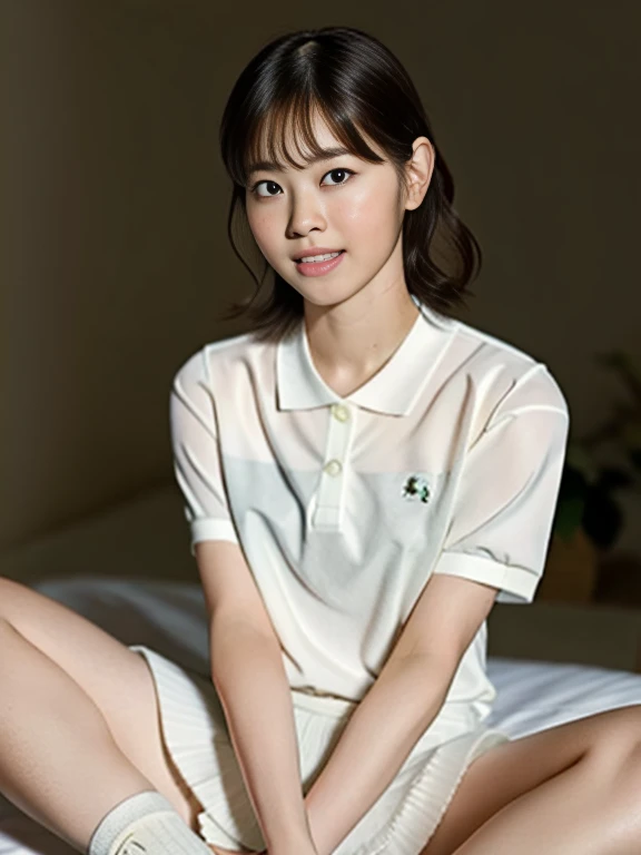 (Masterpiece, Best quality: 1.4), (Ultra realistic, Photo-realistic: 1.2), From above, Lying on bed, Spread legs, Looking at viewer, Natural light, 30 years old actress, Japanese women, Neat and clean, ((Wearing white tennis uniform, White short-sleeve polo shirt with collar, Not buttoning the polo shirt, White skirt: 1.2)), (Short wavy hair: 1.2), Light brown hair color, (Beautiful Face), Oval face, clear, (Beautiful eyes, Kind eyes), (Clear skin), Small face, (Small mouth, Beautiful mouth), Natural makeup, (Wearing white socks: 1.1), Approachable, Luxury hotel Suite room, Seductive smile, (Seductive pose: 1.2), Beautiful thighs, (Bedroom eyes: 1.1), Embarrassed, blush