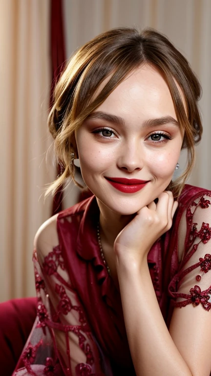 Lily-Rose Melody Depp in seductive clothes wearing lipstick and smiling