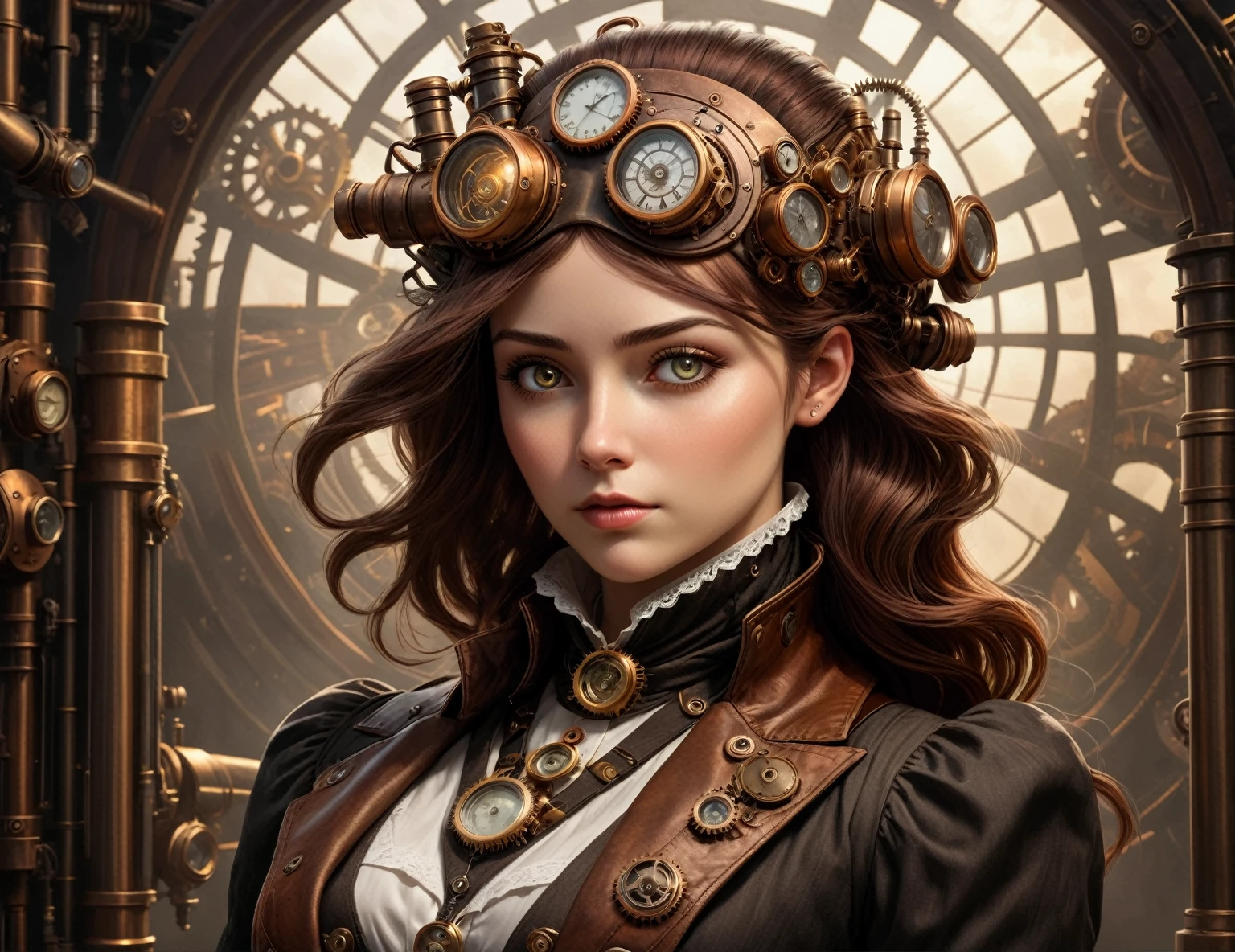emotional intellect, steampunk, high detail, bright colorful background, Futuristic city, thunderstorm with lightning, psyche
