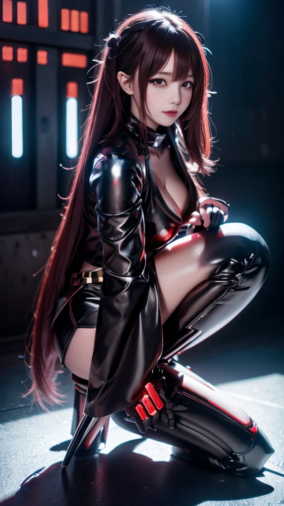 high resolution,8k,1女の子のDetailed, Cyberpunk Costume,Only black clothing,The costume is shiny,Shiny red long hair,Crouching,8k,Detailed目,8k, Detailed,Background is white