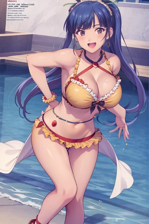 masterpiece, best quality, beautiful art, high resolution, well formed hands, body and fingers, 1 woman, solo, Ami Tsuruga, grown up, arabian belly dancer, adult, large and round breasted, cleavage, hair ribbon, full body, sexy and skimpy arabian belly dancer outfit , gorgeous legs and thighs , doing exercise, warming up, working out, sexy and captivating training, smiling joyfully and happily , looking at the viewer, , sweating , bouncing breasts, bikini thong,  training montage session, beach environment   