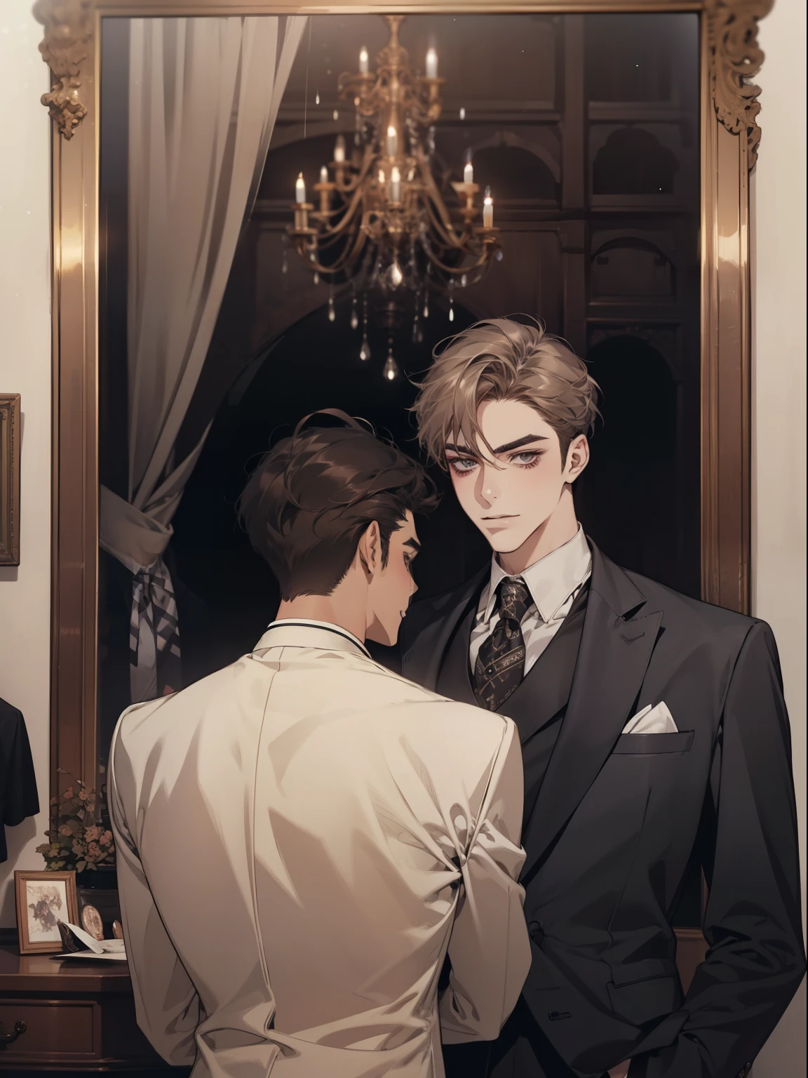 work of art, best qualityer, realisitic, 1 person, mature man, quiet and charming young man, age 25, serious look, cloused mouth, portraite, extreme detailed face, cold smile, ((dark gray eyes)), ((Straight Sweep Short Dark Brown Hair)), [thick eyebrows], ((Suit)), bonitas, lesbian full body, western, Jewish, light brown skin,Stand in front of the mirror，Organize your clothes