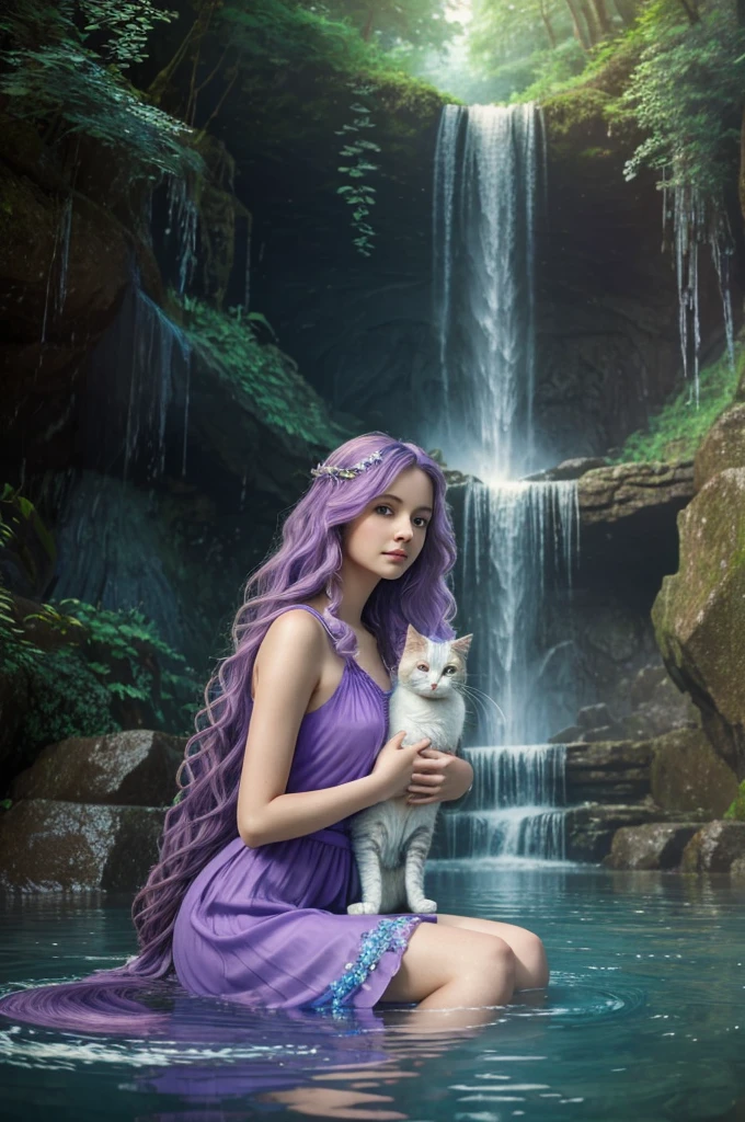((best quality)), ((masterpiece)), (detailed), water fairy with innocent face and very long wavy blue-lilac haired, wearing purple dress holding cats beside her, submerged in a waterfalls serene place, HD, 8k