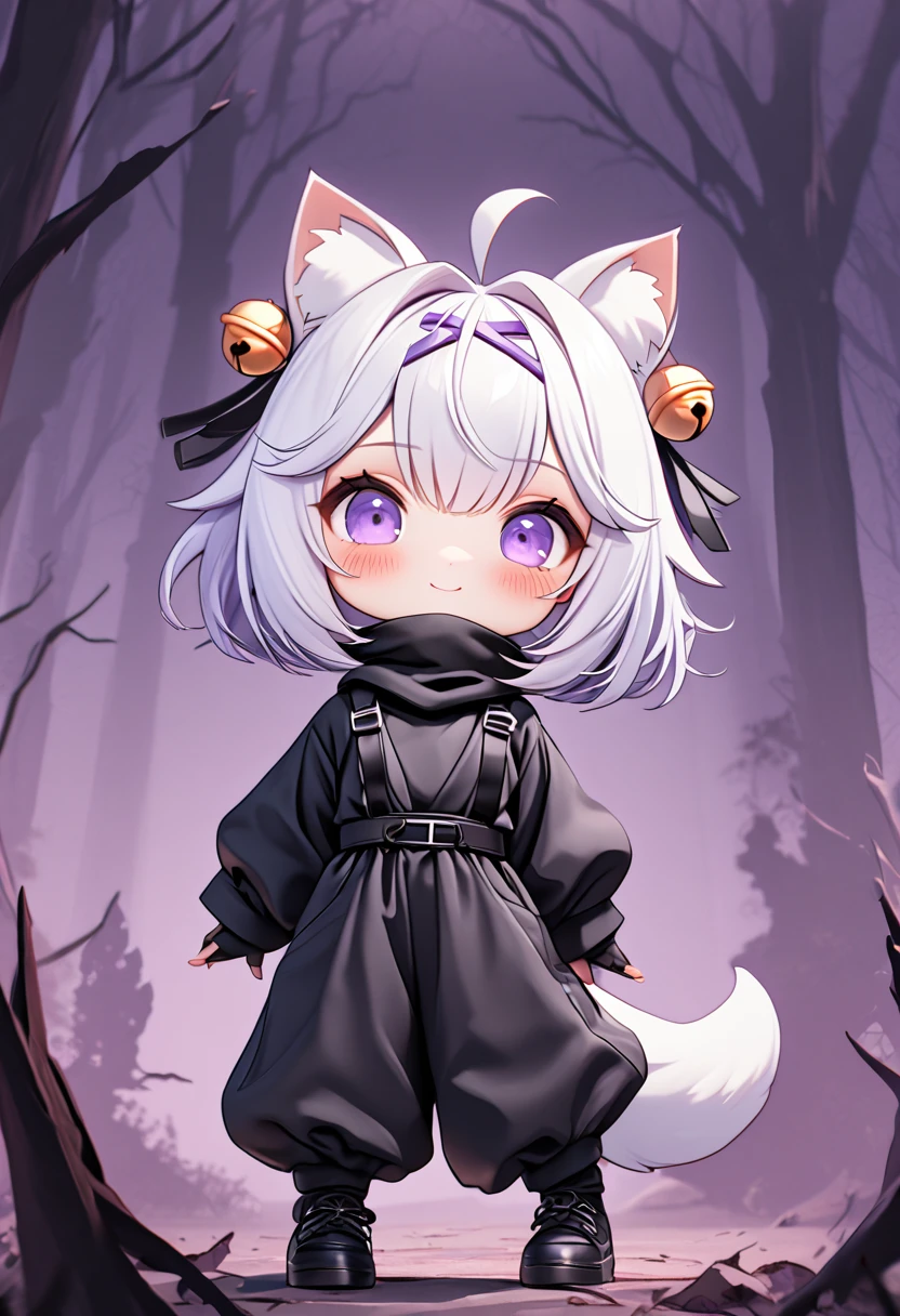 master piece, best quality, ultra-detailed, illustration, 1girl, solo, chibi, (big head), cute pose, front view, looking at viewer, ((full body Close up)), filian, filianoverall, Filiansailor, ((white hair)) , short hair, shoulder length hair, fly-away hair, bangs, (purple hair ornament:1.3), (purple hairclip:1.3), cat ears, (hair bell:1.3) ahoge, purple eyes, blush, smiling, fluffy tail, ((ninja outfit)), black dress, long sleeves, black gloves, holding a shuriken,black pants, black shoes, spooky forest background, gloomy atmosphere, broken trees