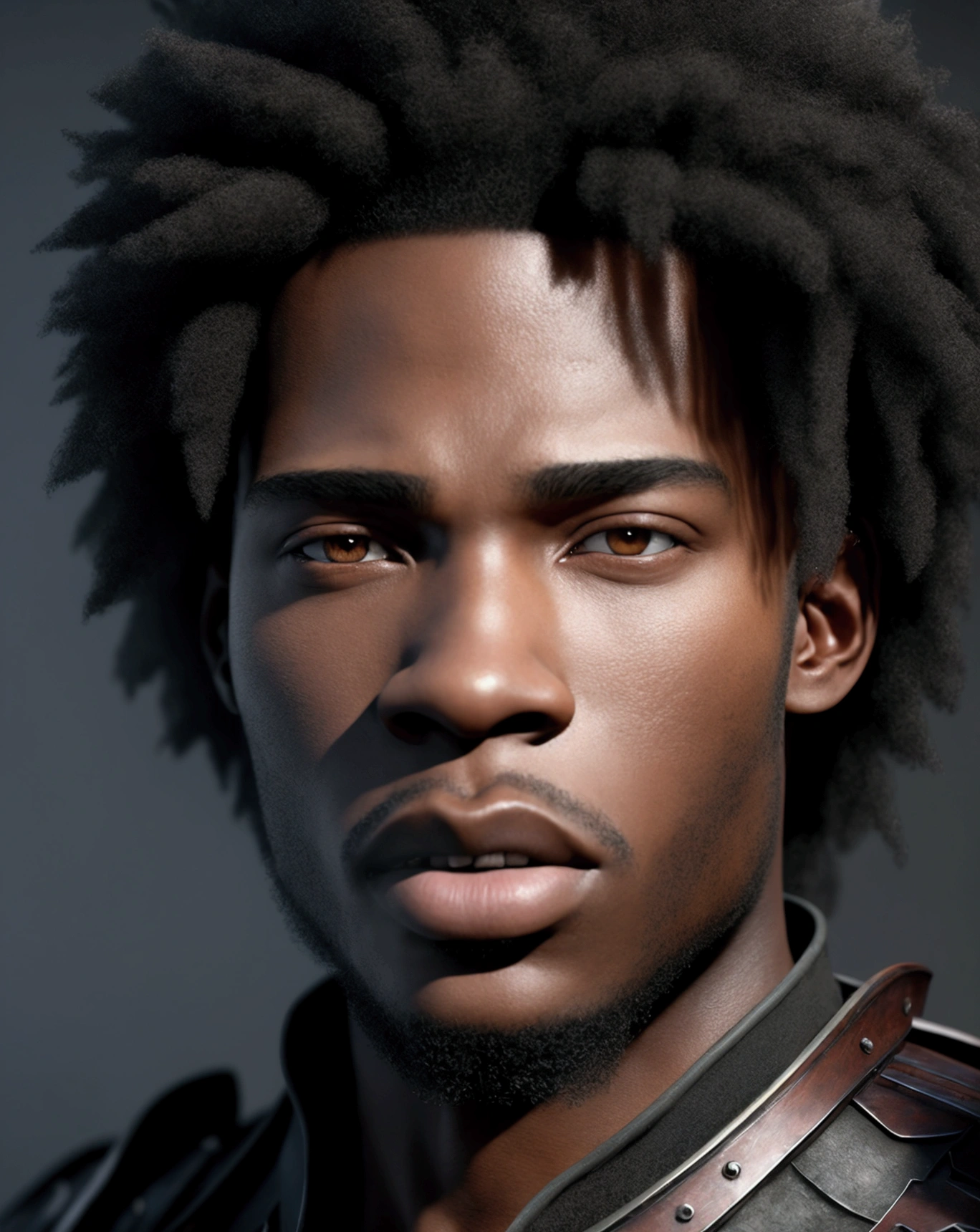 A 22-year-old man, afro american with straight hair. captured in an ultra-realistic full HD 4K portrait, detailed texture showing its menacing shape, Immersive atmosphere, high definition shadow play, digitalpainting, nevoa no environment. he is a swordsman. Add big bangs that cover your left eye completely.