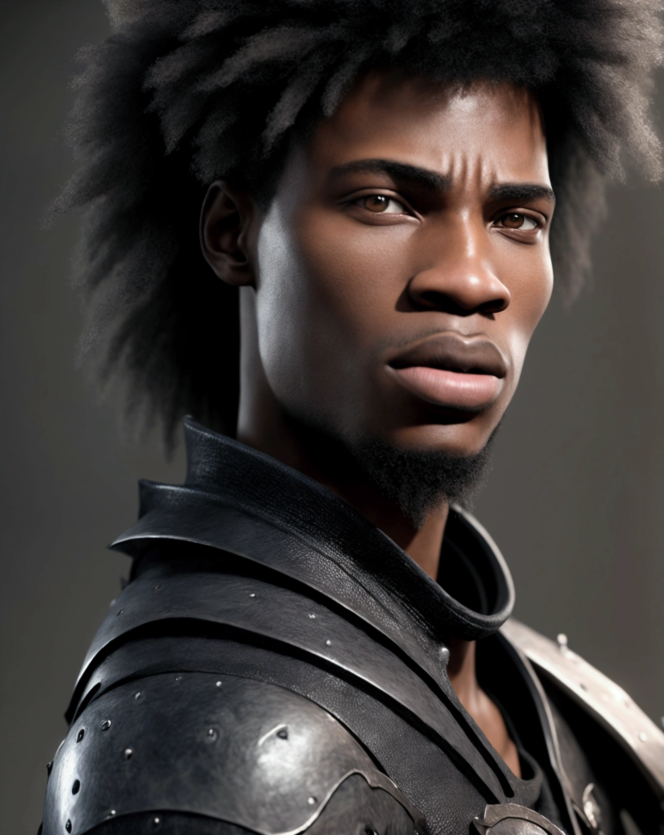 A 22-year-old man, afro american with straight hair. captured in an ultra-realistic full HD 4K portrait, detailed texture showing its menacing shape, Immersive atmosphere, high definition shadow play, digitalpainting, nevoa no environment. he is a swordsman. Add big bangs that cover your left eye completely.