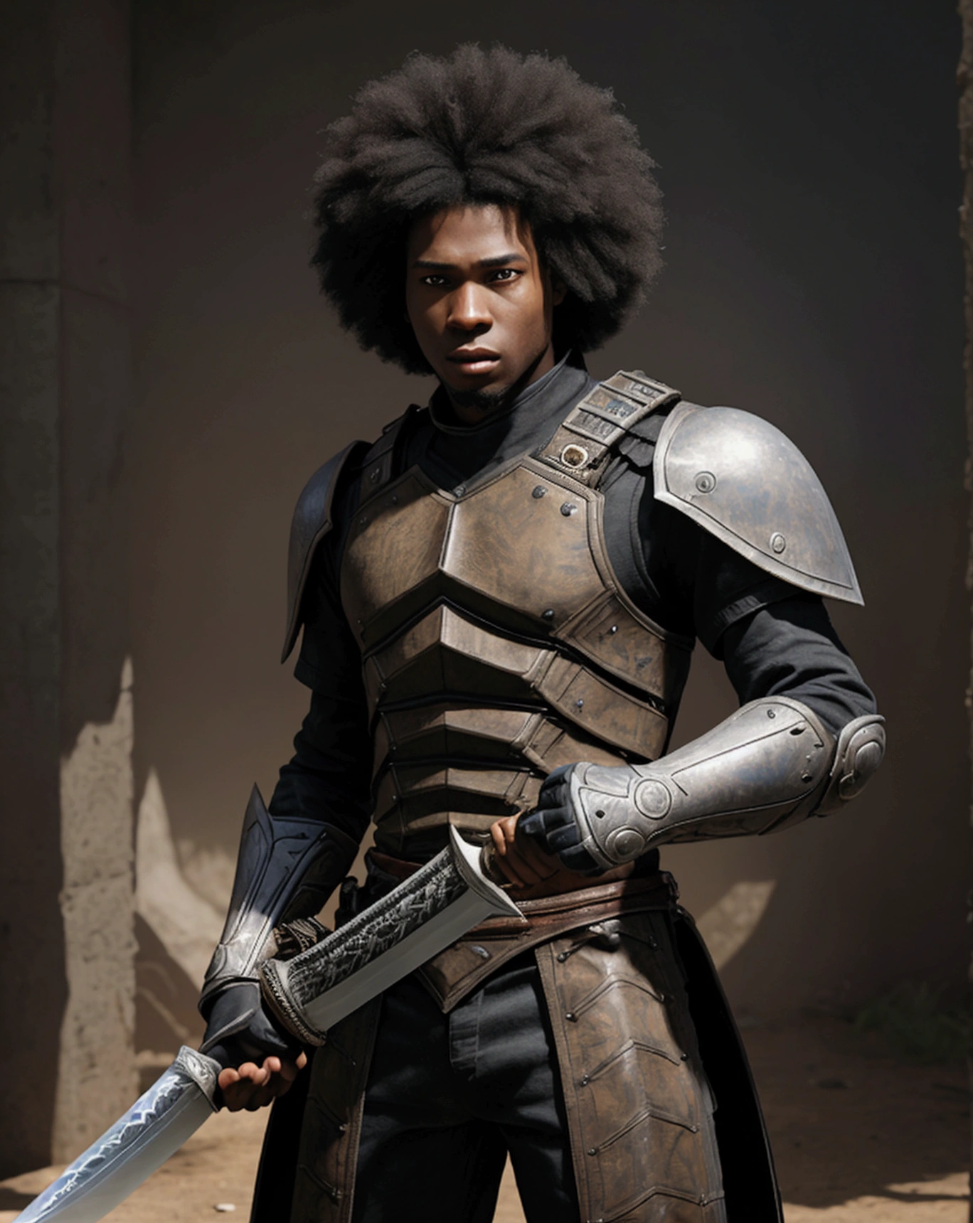 A 22-year-old man, afro american with straight hair. captured in an ultra-realistic full HD 4K portrait, detailed texture showing its menacing shape, Immersive atmosphere, high definition shadow play, digitalpainting, nevoa no environment. he is a swordsman. Add big bangs that cover your left eye completely.