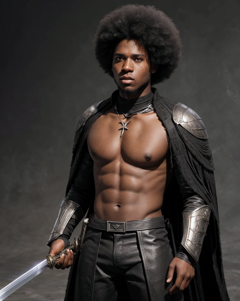 A 22-year-old man, afro american with straight hair. captured in an ultra-realistic full HD 4K portrait, detailed texture showing its menacing shape, Immersive atmosphere, high definition shadow play, digitalpainting, nevoa no environment. he is a swordsman. Add big bangs that cover your left eye completely.