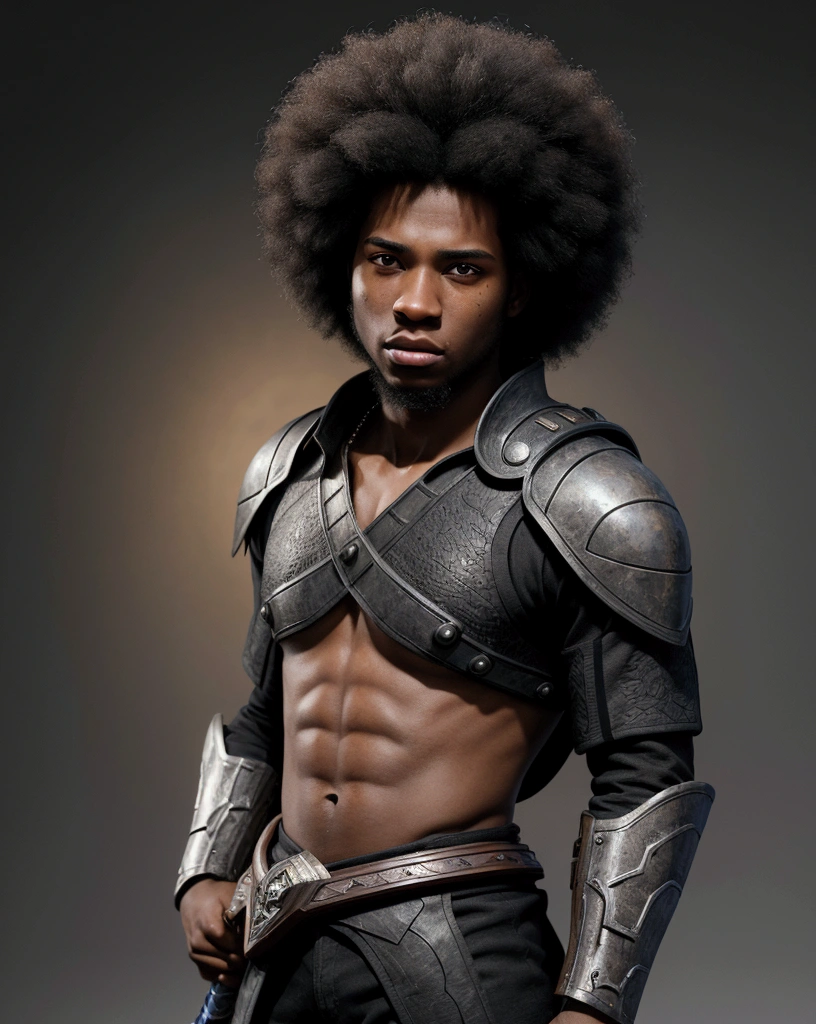 A 22-year-old man, afro american with straight hair. captured in an ultra-realistic full HD 4K portrait, detailed texture showing its menacing shape, Immersive atmosphere, high definition shadow play, digitalpainting, nevoa no environment. he is a swordsman. Add big bangs that cover your left eye completely.