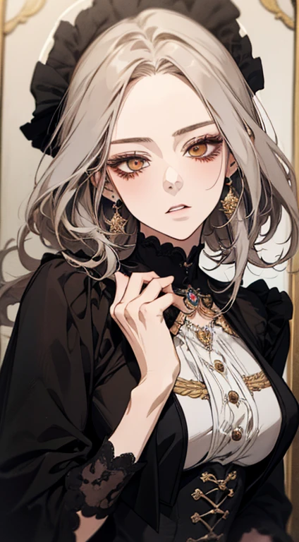 A painting of a woman with gray hair and an orange top, stunning anime face portrait, beautiful character painting, beautiful anime portrait, her image is rendered by red paint, presenting a stunning effect. The painting is very detailed, depicting women's faces and clothing. Her face has a creamy dripping effect, which makes the whole face more vivid. She wears a beautiful detailed outfit with pale gray hair. The proportions are accurate, and the costumes of the female characters are traditionally dressed, showing a classical charm.