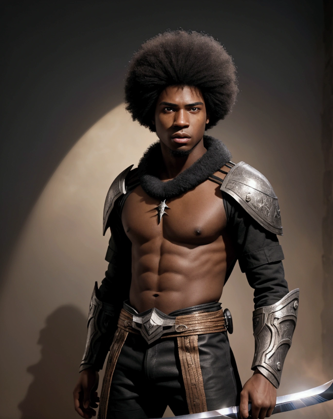 A 22-year-old man, afro american with straight hair. captured in an ultra-realistic full HD 4K portrait, detailed texture showing its menacing shape, Immersive atmosphere, high definition shadow play, digitalpainting, nevoa no environment. he is a swordsman. Add big bangs that cover your left eye completely.