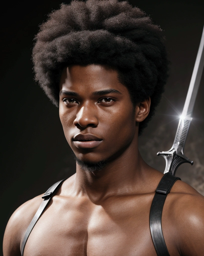 A 22-year-old man, afro american with straight hair. captured in an ultra-realistic full HD 4K portrait, detailed texture showing its menacing shape, Immersive atmosphere, high definition shadow play, digitalpainting, nevoa no environment. he is a swordsman. Add big bangs that cover your left eye completely.