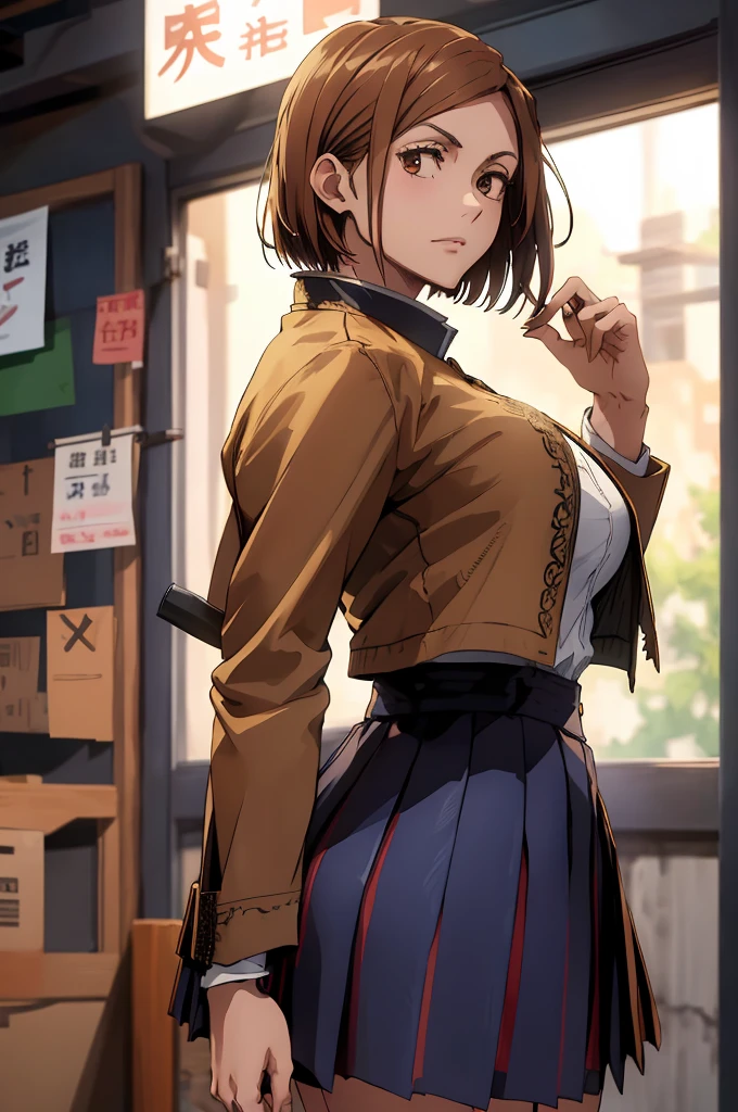 1girl, cowboy shot, beautiful Nobara, school_uniform, bangs, jacket,, volumetric lighting, best quality, masterpiece, intricate details, tonemapping, sharp focus, hyper detailed, trending on Art Station, 4k,full body, backwards, looking back , sexy , big tits poking under thin shirt