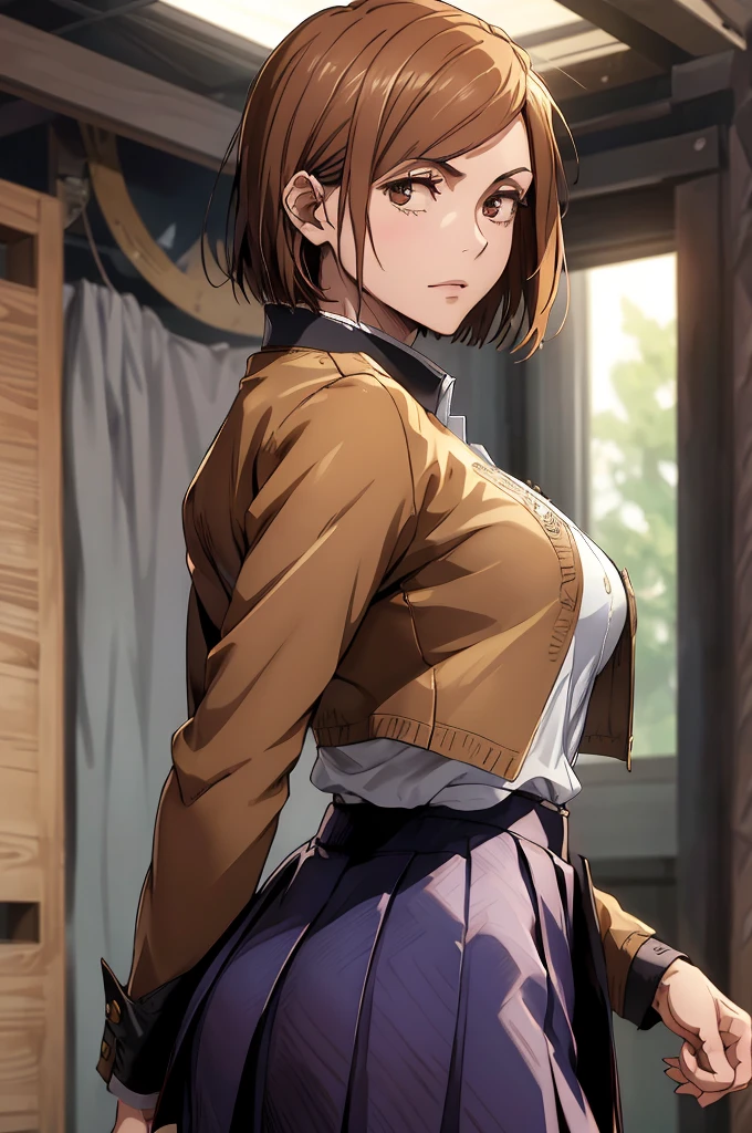1girl, cowboy shot, beautiful Nobara, school_uniform, bangs, jacket,, volumetric lighting, best quality, masterpiece, intricate details, tonemapping, sharp focus, hyper detailed, trending on Art Station, 4k,full body, backwards, looking back , sexy , big tits poking under thin shirt