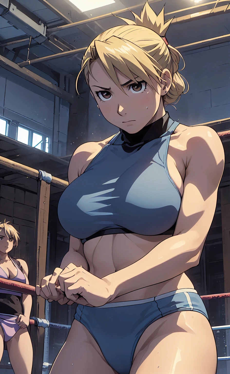 masterpiece, Highest quality, High resolution, One Girl, Hamriz, ponytail, Brown eyes,big , マイクロbikini、Cowboy Shot、Muscular body、blush、Sweat、Composition from the front、anime、(((Light blue bikini、Stand in front、audience、Shaking breasts、Boobs fully exposed、Facing forward)))、((Wrestling Arena)), (Female wrestler), (Slender body, 発Sweat, tired), Mature Woman, Mature Woman, (bikini, Very detailed wrestling equipment)