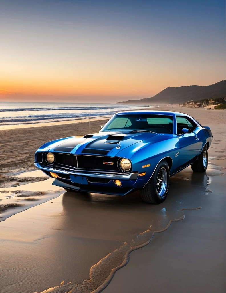 A muscle car with its doors open, parked on a beach at dawn. The early morning light casts a dramatic shadow, capturing a powerful and serene moment. Style of Muscle Core