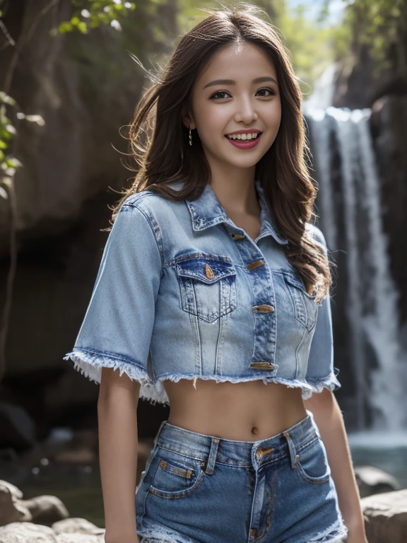Highest quality, masterpiece, Ultra-high resolution, 8k, immature, (Like the picture:1.4), Professional Lighting, ((1 girl)), (Detailed Background:1.5), Waterfall Background, Ezvian Everywhere, thin, Dynamic pose, cute, Laughter, Small breasts, Detailed clothing, crop_wonderful, (Denim hot pants)、Denim wear、Dark brown long hair、