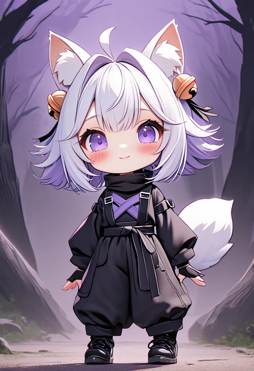 master piece, best quality, ultra-detailed, illustration, 1girl, solo, chibi, (big head), cute pose, front view, looking at viewer, ((full body Close up)), filian, filianoverall, Filiansailor, ((white hair)) , short hair, shoulder length hair, fly-away hair, bangs, (purple hair ornament:1.3), (purple hairclip:1.3), cat ears, (hair bell:1.3) ahoge, purple eyes, blush, smiling, fluffy tail, ((ninja outfit)), black dress, long sleeves, black gloves, holding a shuriken,black pants, black shoes, spooky forest background, gloomy atmosphere, broken trees