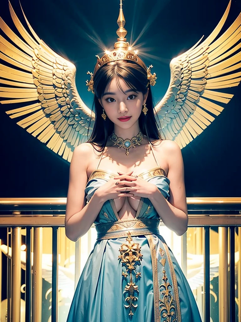 ((Very beautiful angel queen,The final form as a perfect angel, the masterpiece of an angel,Huge and intricate angel wings,The most dignified wings,Golden light,shining background,The most opulent and holy temple background,White and gold temple background,King of Angels,The most dignified angel,Intricate and solemn dresses,Light blue and gold embellishment dress on white,Light blue and gold dress on white base,Complex and majestic angel figure,The most majestic figure of the devil,The most intricately depicted figure of an angel,The World's Most Beautiful,Unimaginable beauties,divine atmosphere,The most intricate and beautiful dresses,Intricate reproduction of the perfect angelic detail,The figure of an unimaginably gorgeous angel,The figure of an unimaginably huge angel)), (((Tyndall effect;1.45))), ((Most beautiful face,Half Japan and half Spanish,The biggest happy smile,Beautiful wavy hair,Black and red hair,The most luxurious and intricate dresses,The biggest smile looking at the camera)),(Elegant standing figure,Fold your hands in front of your navel,)),Chest that seems to burst,Giant wings of angels,The background is the appearance of a perfect angel castle,Masterpiece,8K,very intricate,ultra-detailliert, nsfw