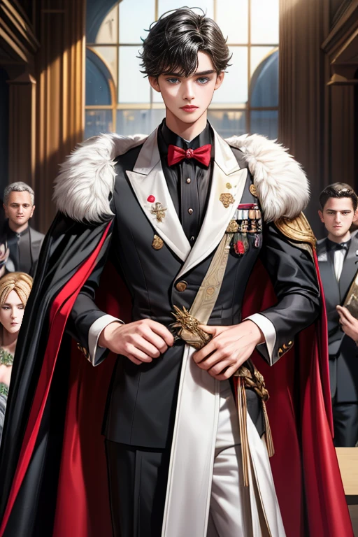 masterpiece, 最high quality, high quality, 1 boy, alone, Male focus, Watching the audience, Messy black hair, Adorable big blue eyes, White, Noble, Noble,A sexy, voluminous, puffy cape、tuxedo、A very voluminous, large, very large, very large, long, long red and black cape with a high stand-up collar, made of a lot of fabric that reaches down to the floor., 17 years old,Cute beautiful boys,Cute, cute, kind, handsome guy