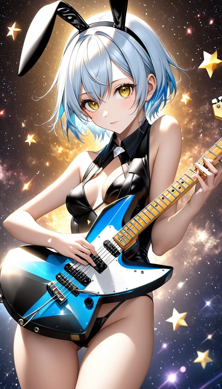 androgynous slender beautiful and cute woman with light blue hair, golden eyes, playboy-bunny costume, playing a star-shaped deformed electric guitar, background galaxy, octagram, shading effects, gradation magic effects, (ultra detailed, absolutely resolution, best quality:1.3), 2.5D, delicate and dynamic, artistic photography, hyper realistic, graphic CG digital art