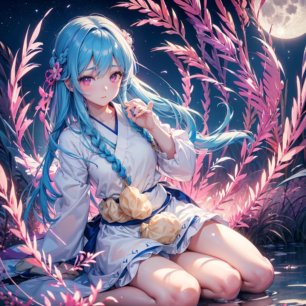 Sky blue hair, (1 braided hair), (Pink eyes),Fair skin) ,(whole body),(One Girl),(White sweet dumplings ),White round dumplings,Japanese pampas grass,(beautiful, Full moon shining in the night sky),(masterpiece, Highest quality, Very detailed, Best Shadow), (Detailed Background), (Beautifully detailed face), High Contrast, (Best lighting, Very delicate and beautiful), ((Cinematic Light)), colorful, Hyper Detail,8k, Dramatic Light, Intricate details,Sit down and eat dumplings