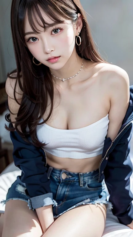 ((Jacket、White Tube Top、mini denim skirt))whole body viewing angle、Extraordinary sexy beauty、beautiful, calm and bright look、Sexy and refreshing look、完璧なbeautifulcute顔、Very bright, Bright Blue Eyes、Long bangs between the eyes、Long black hair straight hair、とてもcute、beautifully、Sexy young tiny woman、非常に完璧なbeautifulcute顔、、Real17歳女性、cute,((Small breasts))、(()) And a very slim figure,,,,,、Very thin leganicules、Earrings、Pink Lip、choker、Real、Sexual、Highest quality、Detailed face、Detailed Background、Depth of written boundary、Sexual、alone、night,Highest quality、High resolution、超High resolution(Real:1.4)Detailed eyes、Gradation、Perfect anatomical figure、Woman with perfect body、Highly detailed skin、非常にDetailed face、細部までbeautiful目、Background blur、