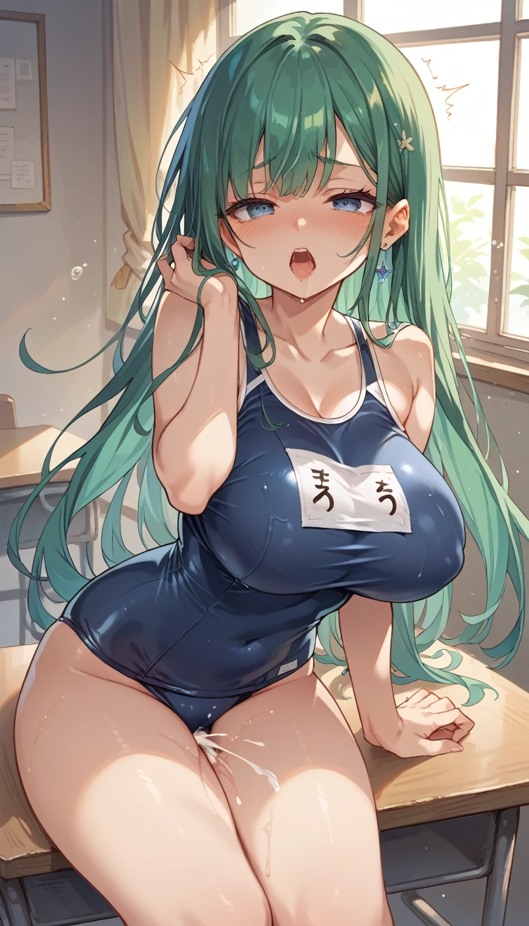masterpiece, best quality, ultra detailed,1 girl, long green hair, blue eyes, school swimsuit, large breast, big breast nsfw, orgasm,