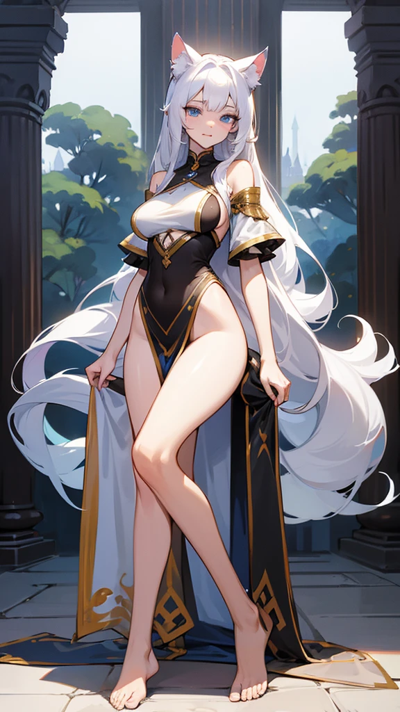 [[masterpiece, Best Quality]] 17 year old girl, White skin, blue eyes, Wide hips, average breasts, thin legs, Skinny body, feline ears, long and hairy feline tail, long natural white hair, He dresses with a long cloth wrapped around his body, only on breasts and hips in Indian style, protruding tail , Refreshing, beautiful, feline feet, very thin, sexy, attractive