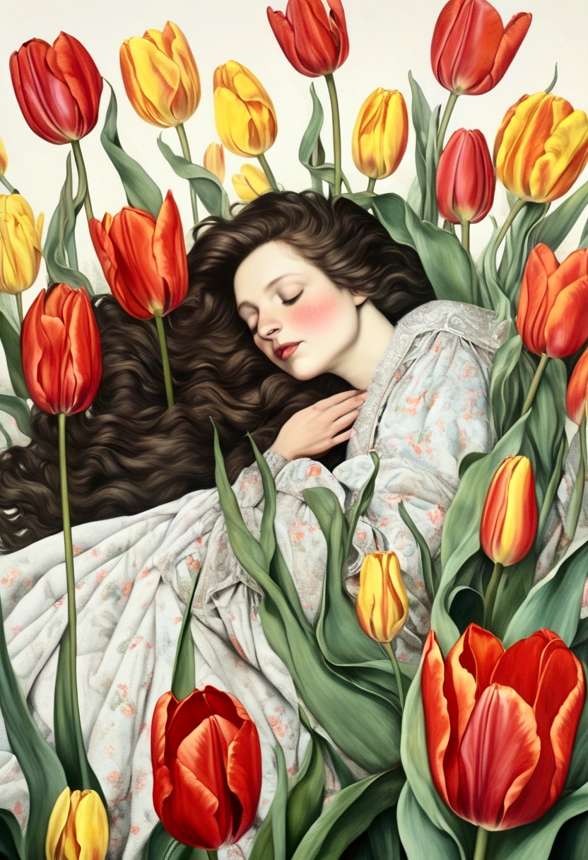 1 woman, magicians,have, very detailed,looking at viewer(masterpiece, best quality:1.2), Girl falling asleep in a large tulip bud,