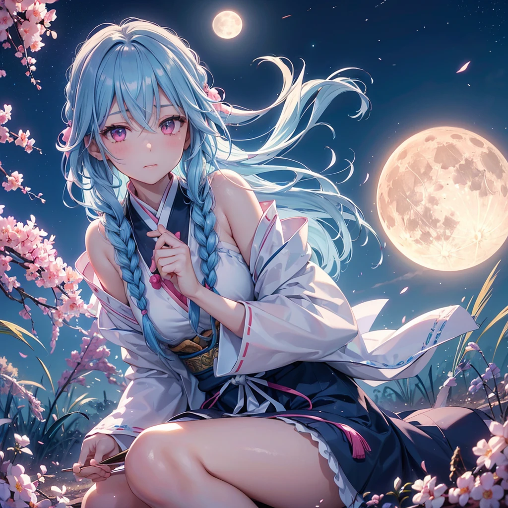 Sky blue hair, (1 braided hair), (Pink eyes),Fair skin) ,(whole body),(One Girl),(White sweet dumplings ),White round dumplings,Japanese pampas grass,(beautiful, Full moon shining in the night sky),(masterpiece, Highest quality, Very detailed, Best Shadow), (Detailed Background), (Beautifully detailed face), High Contrast, (Best lighting, Very delicate and beautiful), ((Cinematic Light)), colorful, Hyper Detail,8k, Dramatic Light, Intricate details,Sit down and eat dumplings