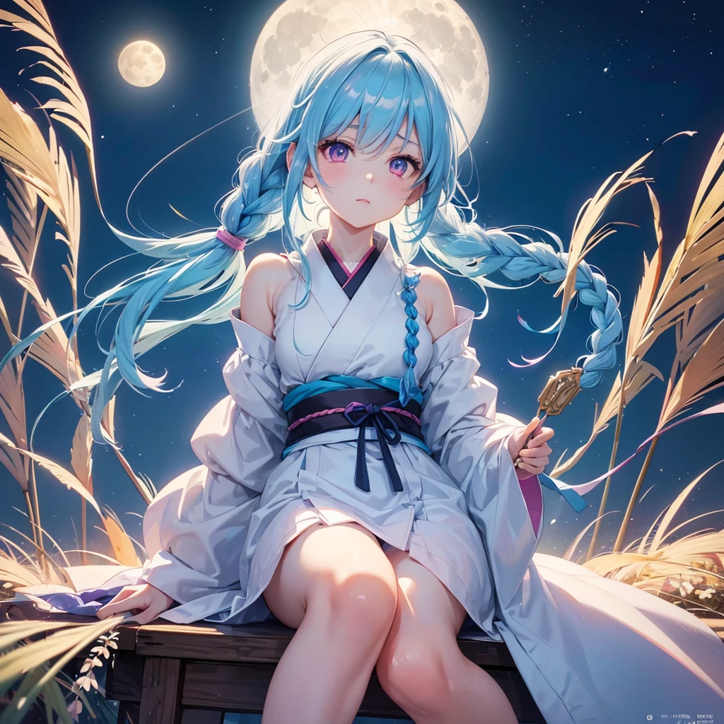 Sky blue hair, (1 braided hair), (Pink eyes),Fair skin) ,(whole body),(One Girl),(White sweet dumplings ),White round dumplings,Japanese pampas grass,(beautiful, Full moon shining in the night sky),(masterpiece, Highest quality, Very detailed, Best Shadow), (Detailed Background), (Beautifully detailed face), High Contrast, (Best lighting, Very delicate and beautiful), ((Cinematic Light)), colorful, Hyper Detail,8k, Dramatic Light, Intricate details,Sit down and eat dumplings