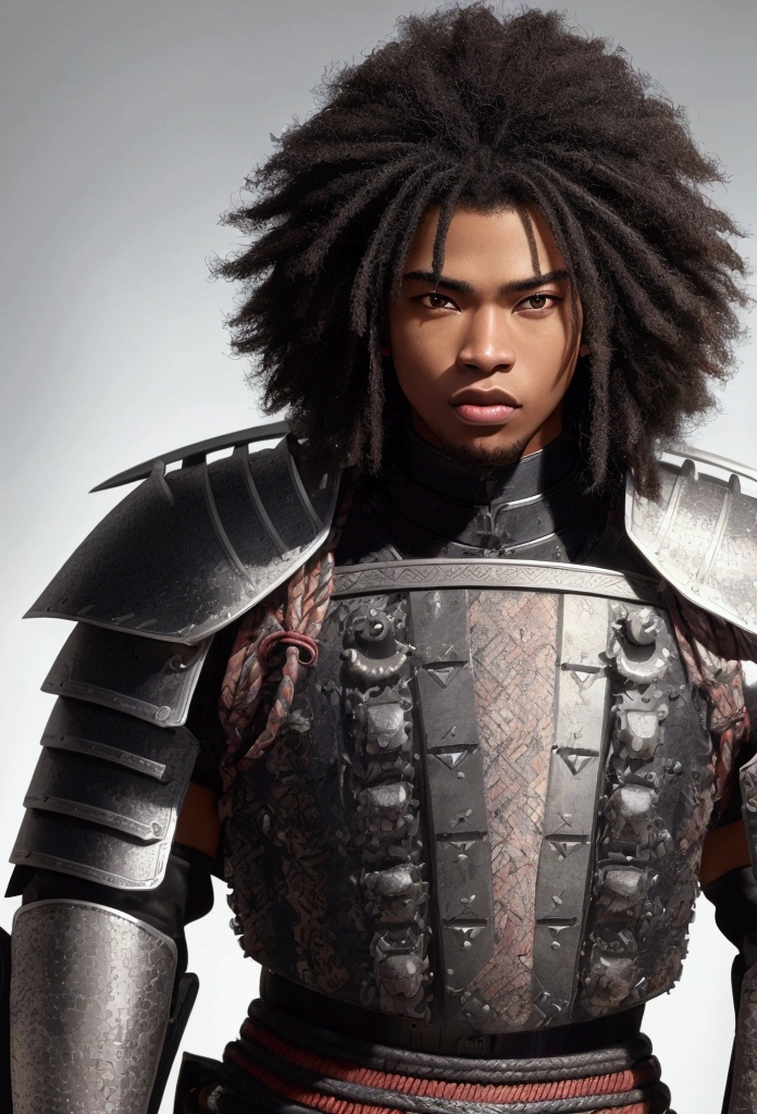 A 22-year-old man, afro american with straight hair, wearing a samurai armor, with a serious look. captured in an ultra-realistic full HD 4K portrait, detailed texture showing its menacing shape, Immersive atmosphere, high definition shadow play, digitalpainting, nevoa no environment. he is a swordsman. Add big bangs that cover your left eye completely.