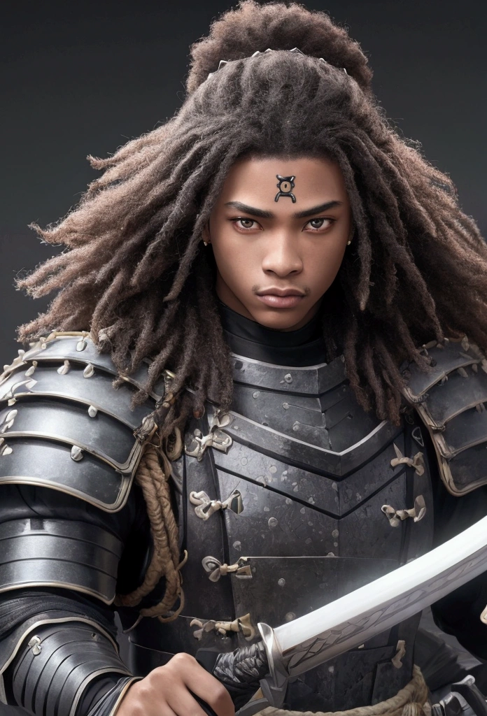 A 22-year-old man, afro american with straight hair, wearing a samurai armor, with a serious look. captured in an ultra-realistic full HD 4K portrait, detailed texture showing its menacing shape, Immersive atmosphere, high definition shadow play, digitalpainting, nevoa no environment. he is a swordsman. Add big bangs that cover your left eye completely.