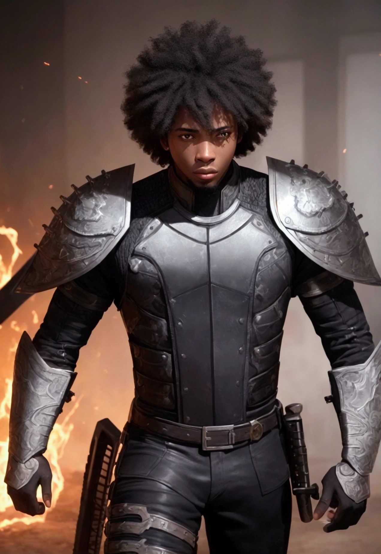 A 22-year-old man, afro american with straight hair. captured in an ultra-realistic full HD 4K portrait, detailed texture showing its menacing shape, Immersive atmosphere, high definition shadow play, digitalpainting, nevoa no environment. he is a swordsman. Add big bangs that cover your left eye completely.